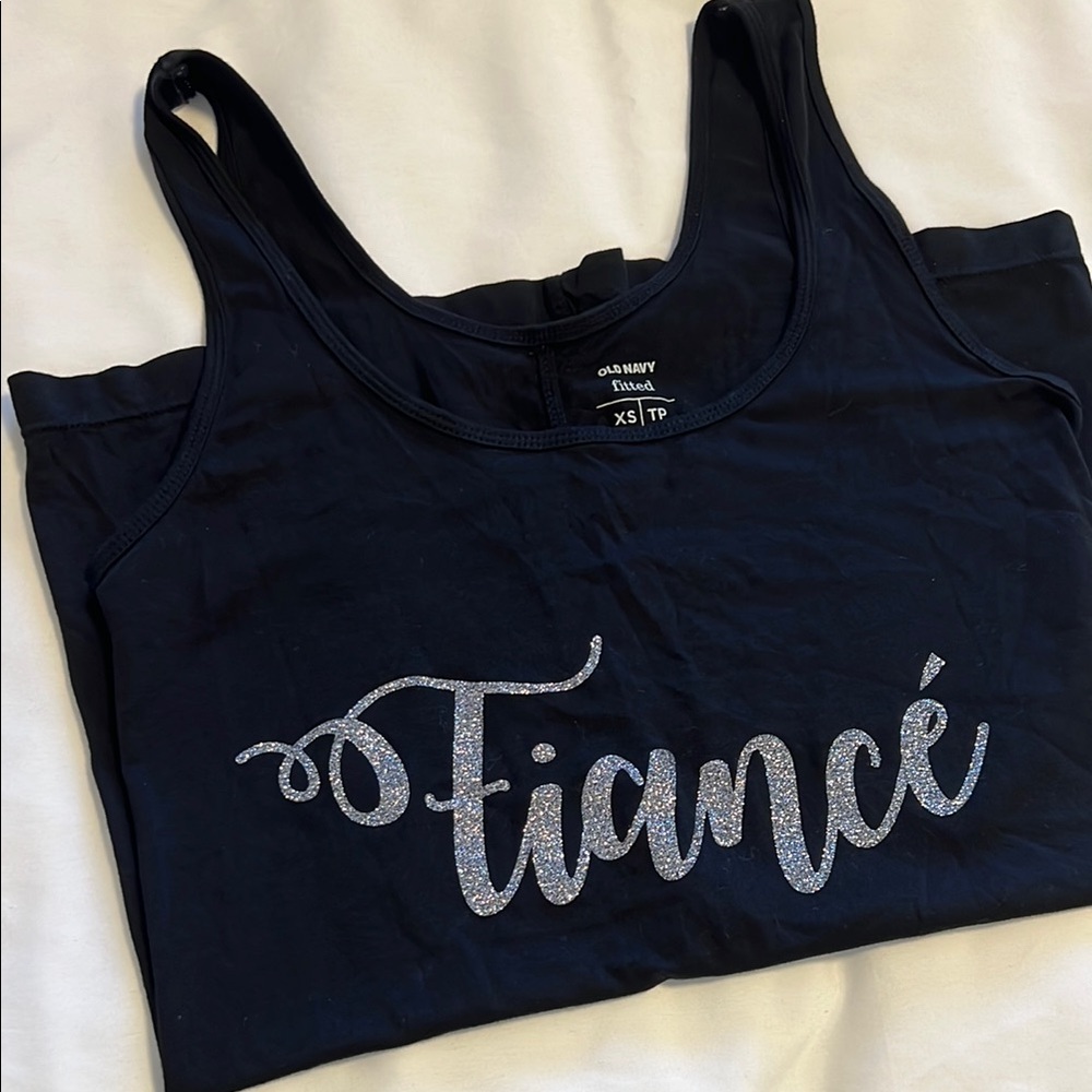 DIY โFiancรฉโ in Silver on an Old Navy Black Fitted Sleeveless Tank Top XS